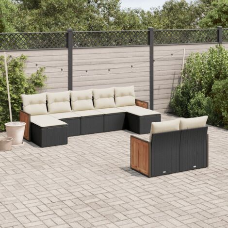 Ensemble Salon Jardin 9 Places Noir Résine Tressée avec Coussins Crème - Meuble Extérieur Modulaire Rangement Intégré