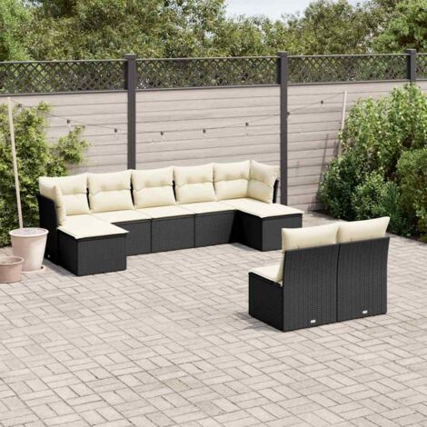 Ensemble Salon Jardin 9 Places Noir Résine Tressée avec Coussins Crème - Meuble Extérieur Modulaire Rangement Intégré