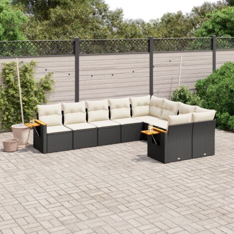 Ensemble Salon Jardin 9 Places Noir Résine Tressée avec Coussins Crème - Meuble Extérieur Modulaire Rangement Intégré