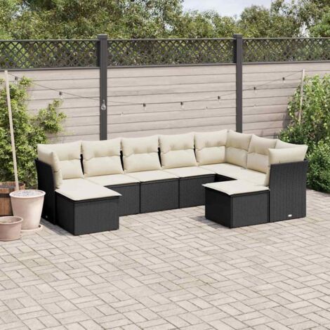 Ensemble Salon Jardin 9 Places Noir Résine Tressée avec Coussins Crème - Meuble Extérieur Modulaire Rangement Integré