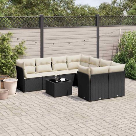 Ensemble Salon Jardin 9 Places Noir Résine Tressée avec Coussins Crème - Table Verre Trempé - Meuble Extérieur Modulaire