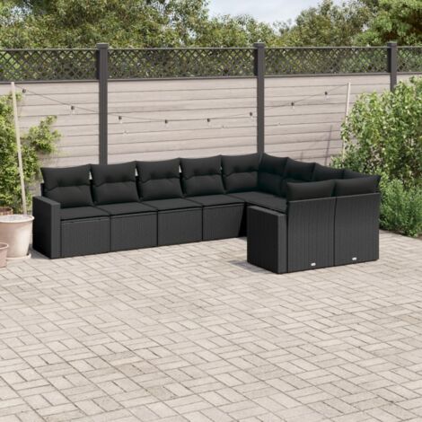 Ensemble Salon Jardin 9 Places Noir Résine Tressée avec Coussins - Meuble Extérieur Modulaire avec Rangement