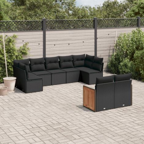 Ensemble Salon Jardin 9 Places Noir Résine Tressée avec Coussins - Meuble Extérieur Modulaire avec Rangement