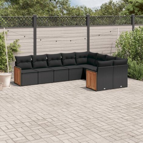 Ensemble Salon Jardin 9 Places Noir Résine Tressée avec Coussins - Meuble Extérieur Modulaire avec Rangement et Housse Lavable