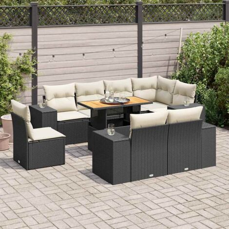 Ensemble Salon Jardin 9 Places Noir Résine Tressée avec Table Acacia et Coussins Crème - Meuble Extérieur Modulaire Rangement Intégré