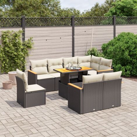 Ensemble Salon Jardin 9 Places Noir Résine Tressée avec Table Modulable et Coussins Crème - Meuble Extérieur Modulaire Design