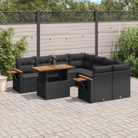 Ensemble Salon Jardin 9 Places Noir Résine Tressée - Canapé d'Angle Modulable avec Table Réglable et Coussins Lavables