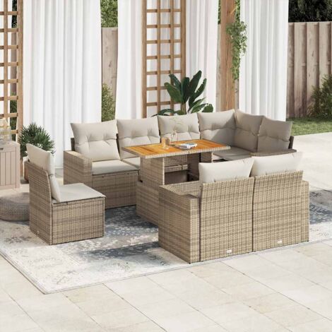 Ensemble Salon Jardin 9 Places Résine Tressée Beige avec Coussins et Table Acacia Modulable