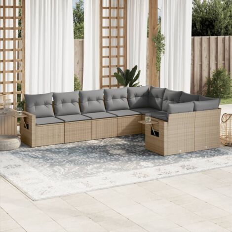 Ensemble Salon Jardin 9 Places Résine Tressée Beige avec Coussins Gris - Mobilier Extérieur Modulaire Tables Plateau Gaz