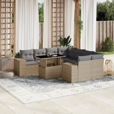 Ensemble Salon Jardin 9 Places Résine Tressée Beige avec Coussins Gris Modulable Table Réglable