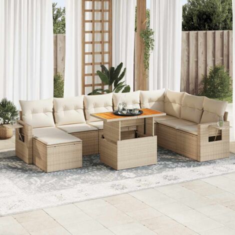 Ensemble salon jardin 9 places résine tressée beige avec coussins lavables et table extensible
