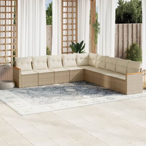 Ensemble Salon Jardin 9 Places Résine Tressée Beige avec Coussins - Meuble Extérieur Modulaire avec Rangement et Accoudoirs Acacia