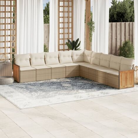 Ensemble Salon Jardin 9 Places Résine Tressée Beige avec Coussins - Modulaire, Stockage et Housse Lavable