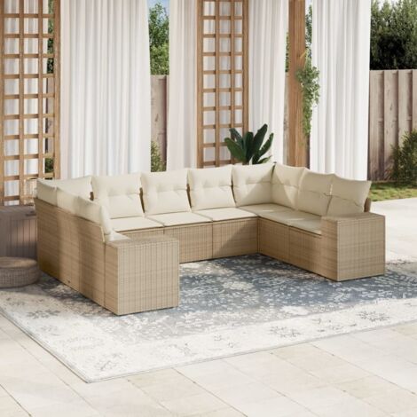 Ensemble Salon Jardin 9 Places Résine Tressée Beige avec Coussins - Stockage Intégré et Housse Lavable