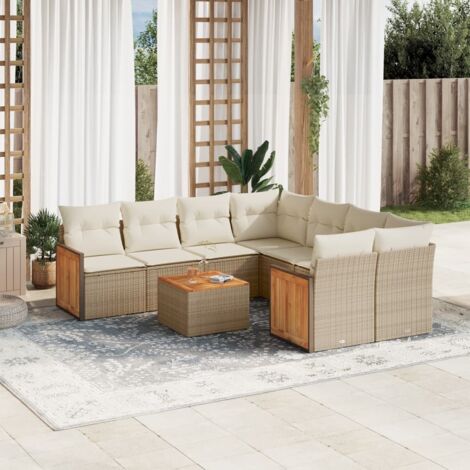Ensemble Salon Jardin 9 Places Résine Tressée Beige avec Coussins - Table Acacia, Modulaire, Housses Lavables