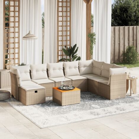Ensemble Salon Jardin 9 Places Résine Tressée Beige avec Coussins - Table Acacia, Modulaire, Housses Lavables