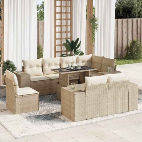 Ensemble Salon Jardin 9 Places Résine Tressée Beige avec Coussins - Table Modulable et Sièges Rangement