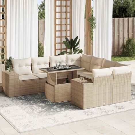 Ensemble Salon Jardin 9 Places Résine Tressée Beige avec Coussins - Table Modulable, Stockage Intégré et Housse Lavable