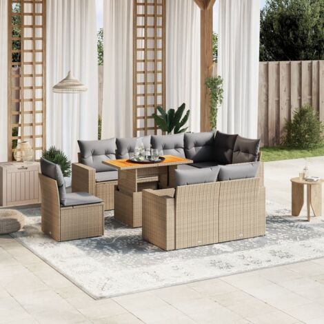 Ensemble Salon Jardin 9 Places Résine Tressée Beige avec Table Acacia Modulable et Coussins Gris Lavables