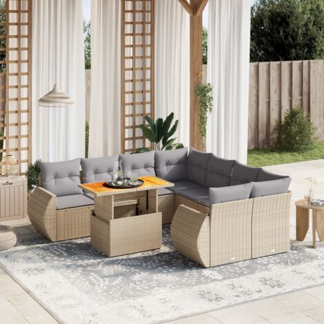 Ensemble Salon Jardin 9 Places Résine Tressée Beige avec Table Modulable et Coussins Gris