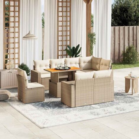 Ensemble Salon Jardin 9 Places Résine Tressée Beige - Canapés d'Angle, Table Réglable et Coussins Déhoussables