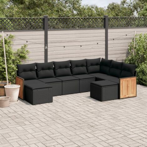 Ensemble Salon Jardin 9 Places Résine Tressée Noir avec Coussins - Canapé d'Angle, Fauteuils et Pouf Modulables