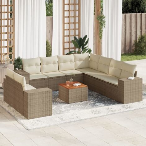 Ensemble Salon Jardin 9 Places Tressé Résine Beige avec Coussins et Table en Acacia  Modulaire