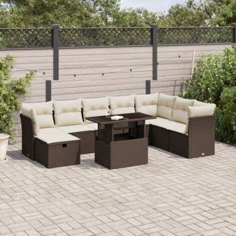 Ensemble salon jardin en résine tressée marron 9 pièces avec coussins et table modulable