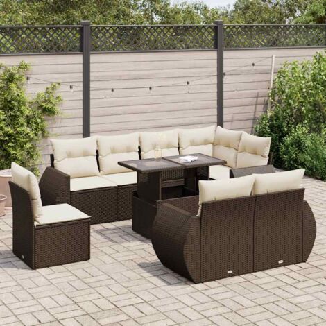 Ensemble salon jardin en résine tressée marron avec 9 coussins - Canapé + table modulable avec rangement étanche