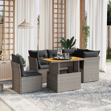 Ensemble Salon Jardin Gris 5 Pièces en Résine Tressée + Coussins, Table Bois Acacia Ajustable, Meuble d'Extérieur Modulaire