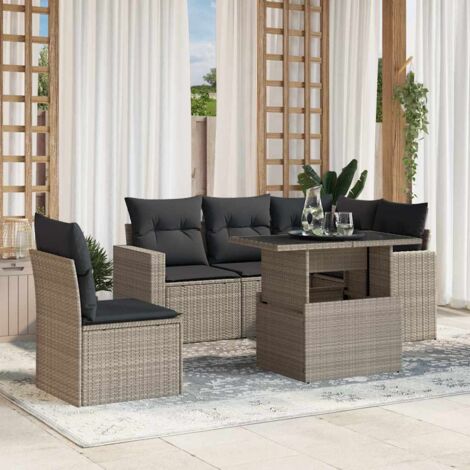 Ensemble Salon Jardin Gris 6 Pièces avec Coussins Anthracite, Résine Tressée Polyrotin, Table Réglable 100x55 cm, Modulaire et Résistant aux UV