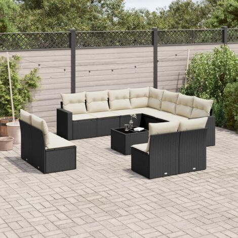 Ensemble Salon Jardin Modulable 12 Places Noir Résine Tressée avec Coussins Crème et Table Verre Trempé