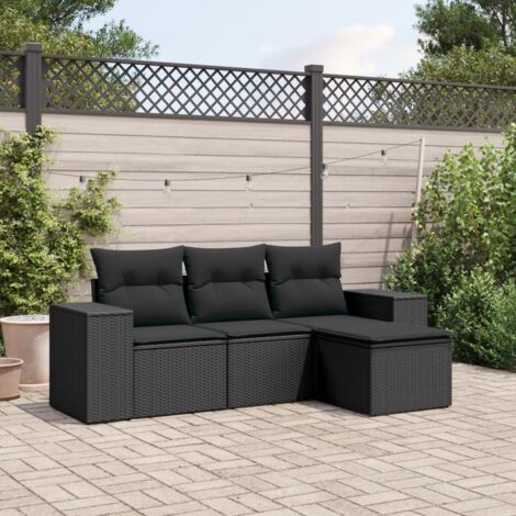 Ensemble Salon Jardin Modulable 4 Pièces Résine Tressée Noir avec Coussins Amovibles – Canapé + Siège Central + Repose-Pieds