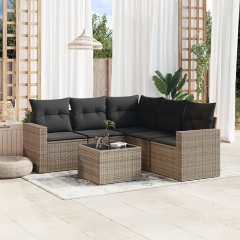 Ensemble Salon Jardin Modulable 6 Places Gris Résine Tressée avec Table en Verre et Coussins Détachables - Coussins Housse Amovible, Stockage Intégré