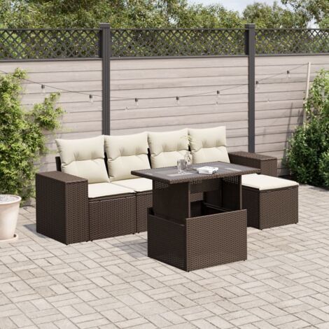Ensemble Salon Jardin Modulable 6 Places  Marron  Résine Tressée  Table Réglable + Coussins Crème  Livraison: 2 Sièges Centraux, 2 Canapés Accoudoirs, 1 Repose-Pieds, 1 Table
