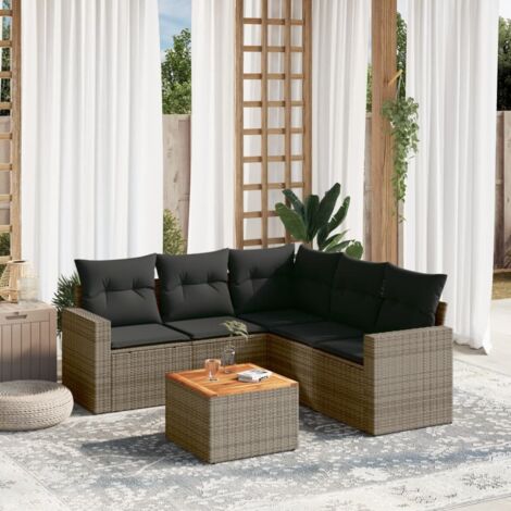 Ensemble Salon Jardin Modulable 6 Places Résine Tressée Gris Acacia avec 5 Coussins de Siège et 6 Dossiers, Table et Sièges avec Rangement Intégré (Dimensions des Sièges: 55x55 cm)