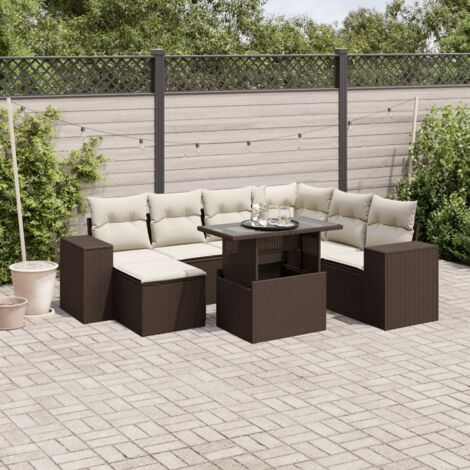 Ensemble Salon Jardin Modulable 8 Pièces en Résine Tressée Marron avec Table à Relevage, Coussins Crème et Repose-Pieds