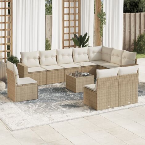 Ensemble salon jardin modulaire 10 places beige résine tressée avec coussins gris clair et housses lavables