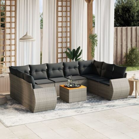 Ensemble Salon Jardin Modulaire 10 Places Gris Résine Tressée avec Coussins et Table Acacia