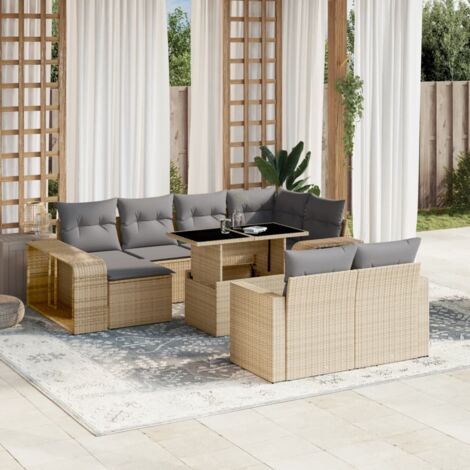 Ensemble Salon Jardin Modulaire 11 Pièces Beige Résine Tressée avec Coussins Gris Table Réglable et Étagères Rangement