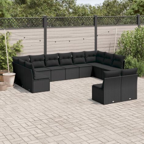 Ensemble Salon Jardin Modulaire 12 Places Résine Tressée Noire avec Coussins, Fauteuils avec Coffre