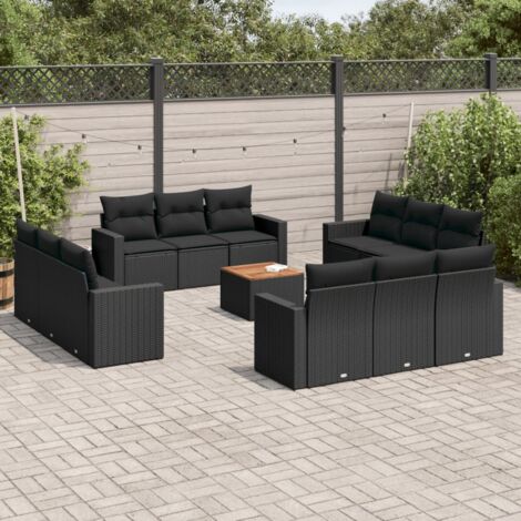 Ensemble Salon Jardin Modulaire 13 Pièces Noir Résine Tressée avec Table Bois Acacia et Coussins Confortables