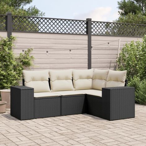 Ensemble salon jardin modulaire 4 pièces en résine tressée noir avec coussins blanc crème et housse lavable
