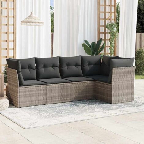 Ensemble Salon Jardin Modulaire 5 Pièces en Résine Tressée Gris Clair avec Coussins, Sièges d'Angle + Centraux, Meuble d'Extérieur Confortable