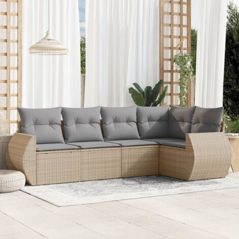 Ensemble Salon Jardin Modulaire 5 Places en Résine Tressée Beige avec Coussins Gris, Rangement et Housses Lavables