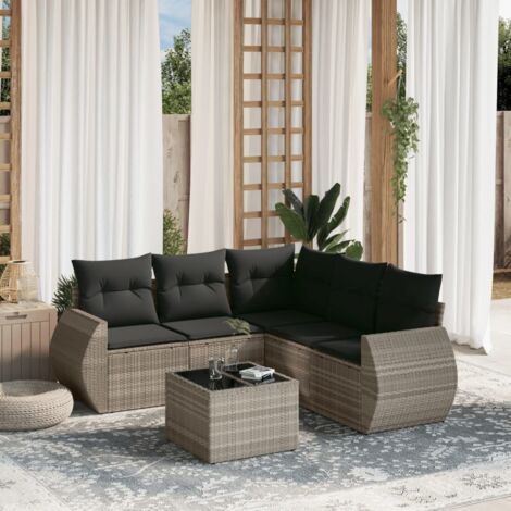 Ensemble Salon Jardin Modulaire 6 Pièces en Résine Tressée Gris Clair avec Coussins Gris Fonc