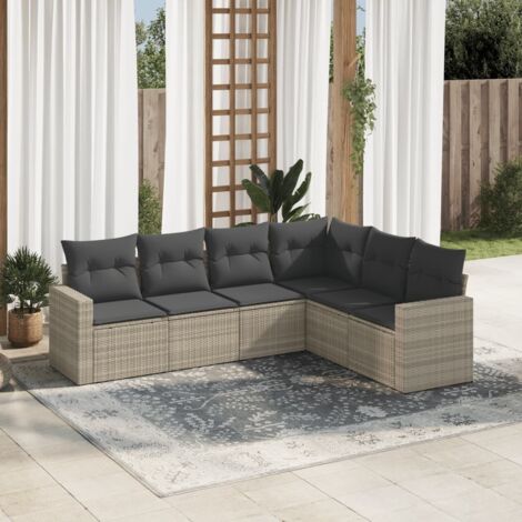 Ensemble Salon Jardin Modulaire 6 Places en Résine Tressée Gris Clair avec Coussins et Rangement