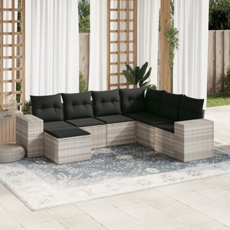 Ensemble Salon Jardin Modulaire 7 Places en Résine Tressée Gris Clair avec Coussins Détachables et Coffre de Rangement Intégré