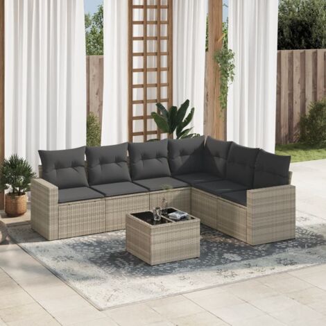 Ensemble Salon Jardin Modulaire 7 Places Gris Clair, Résine Tressée, Table Verre Trempé avec Coussins Lavables