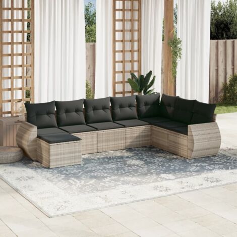 Ensemble salon jardin modulaire 8 pièces résine tressée gris clair avec coussins et rangement, tabouret, canapé et sièges